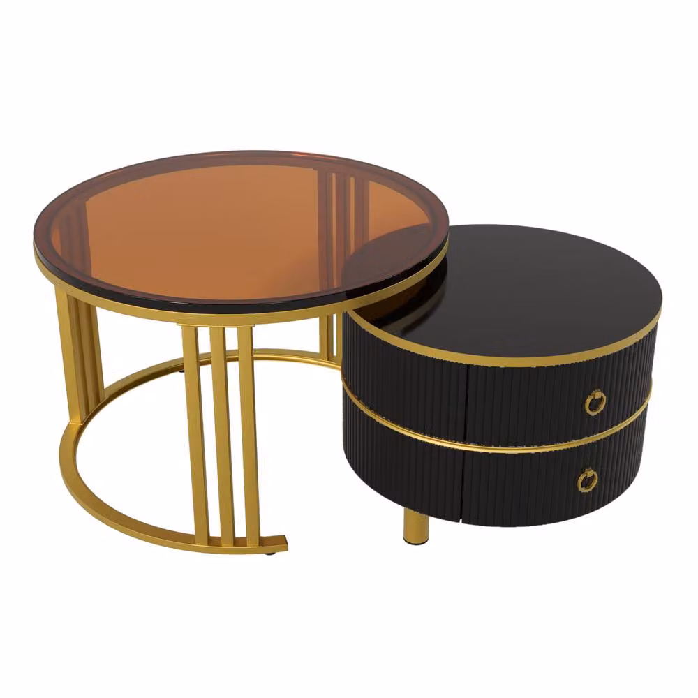 BTM Round Nesting Coffee Table Set with 2 Drawers in Black and Brown – 5