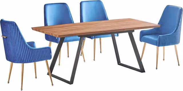 Life Interiors Soho Toga LUX Dining Set with Rectangular Table and 4 Blue Velvet Upholstered Chairs