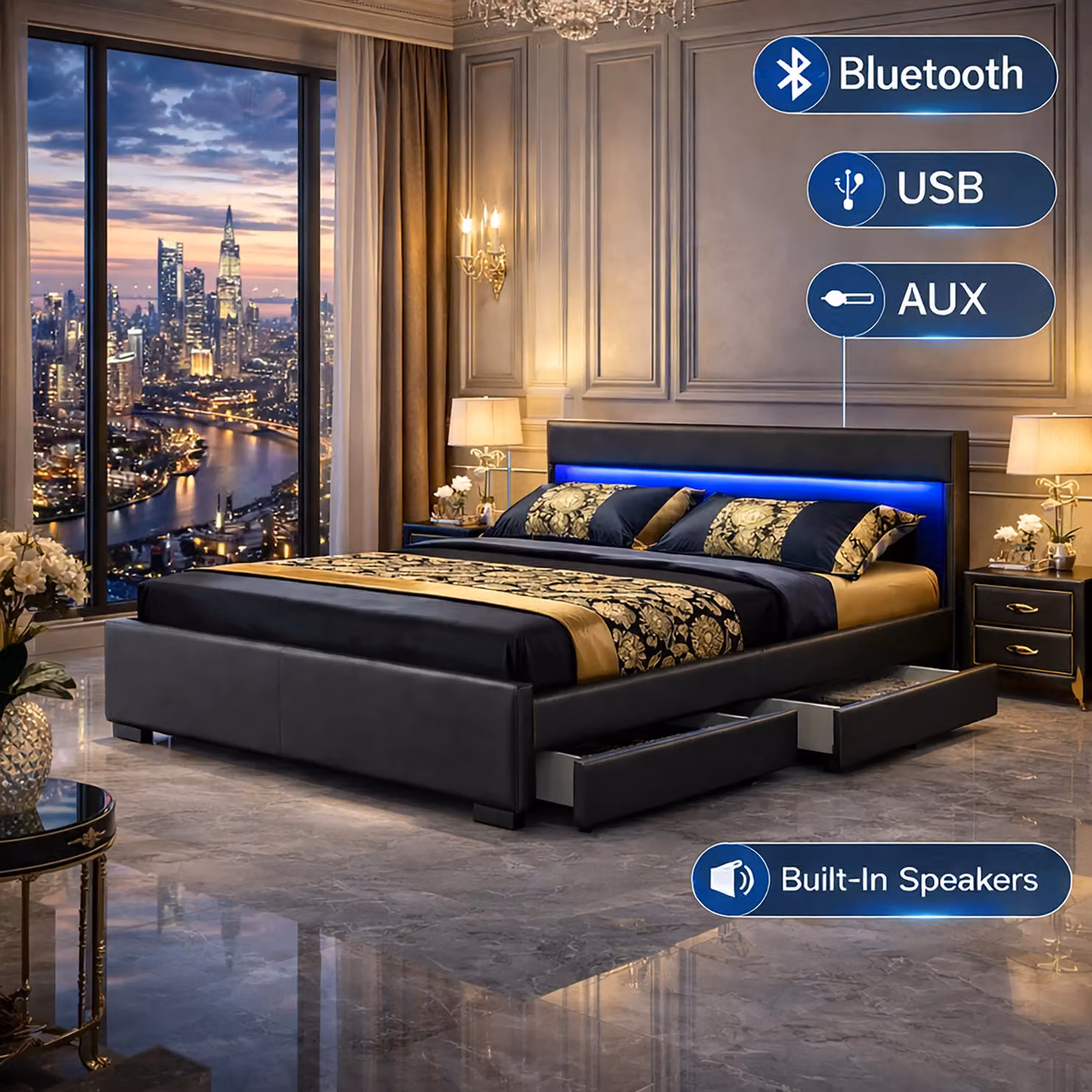 Harmin Luxury LED Double Bed with Bluetooth Speakers, USB Charging Port and Black Faux Leather Upholstered Frame, W/D/H: 140 x 200 cm – 4