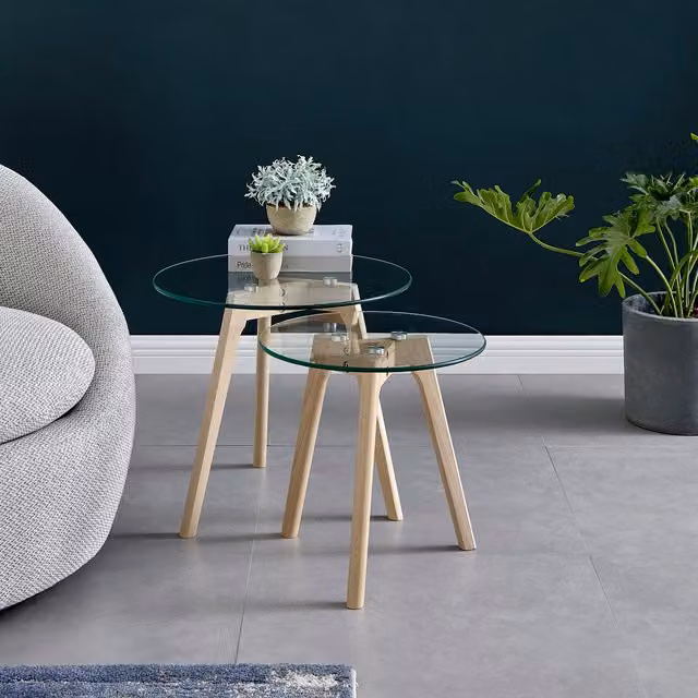FurnitureboxUK Malmo Scandinavian Nested Side Table Set of 2 with Round Glass Tops and Beech Wood Legs in Beige and Brown