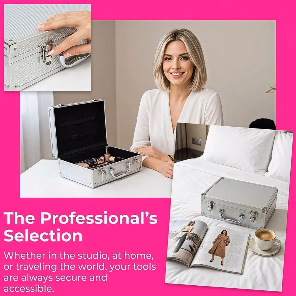 EONLION Silver Metal Lockable Makeup Train Case with Handle, W/D/H: 50 x 25 x 17 cm – 4