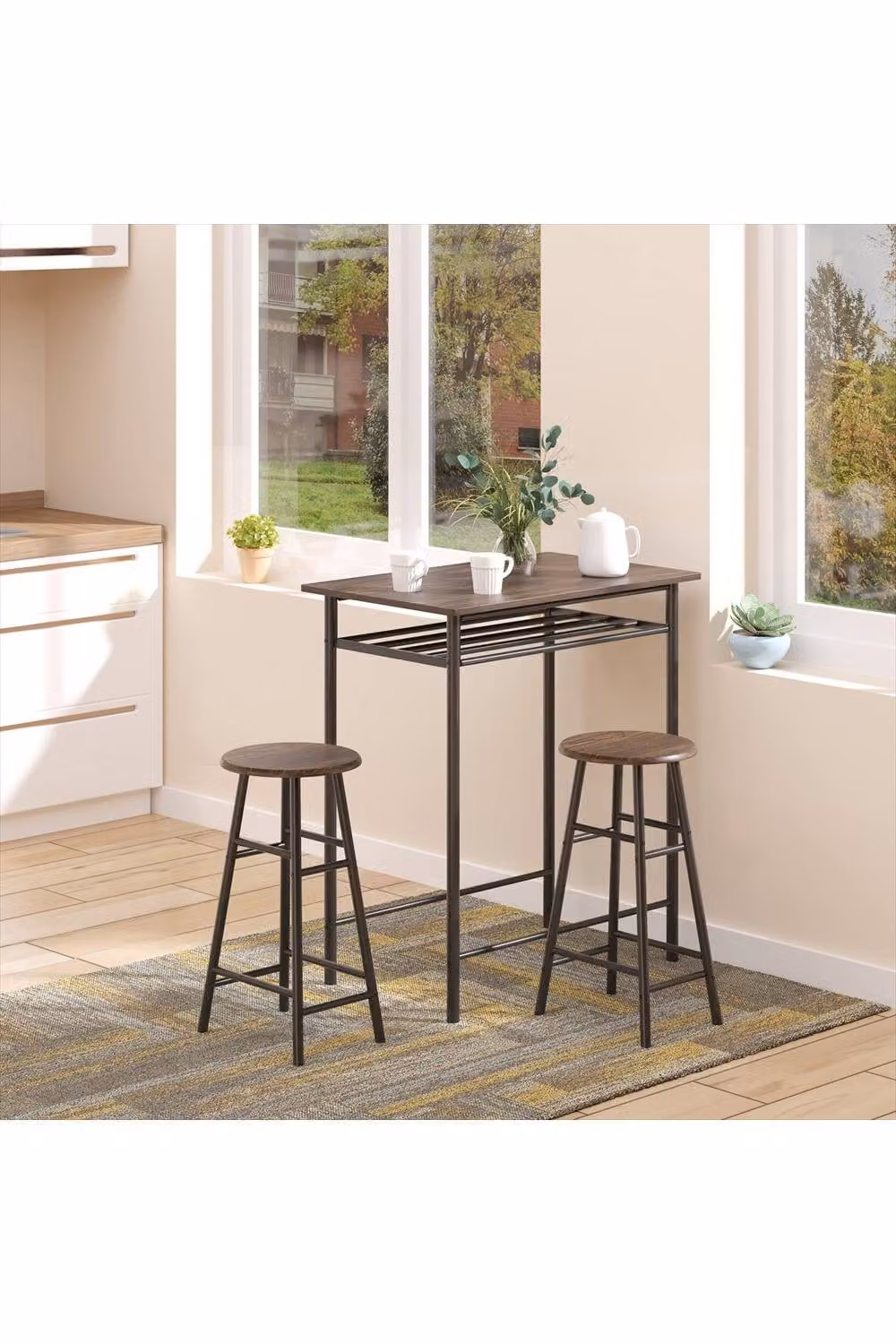 ERGOVEXA Bar Table and Chairs Set with Footrest and Storage Shelf in Black and Brown – 3