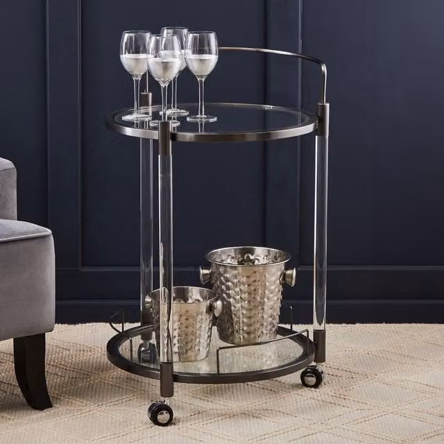 Orsina Mid-Century Round Drinks Trolley with Two Glass Shelves and Castors, Black, W/D/H: 50 x 50 x 80 cm