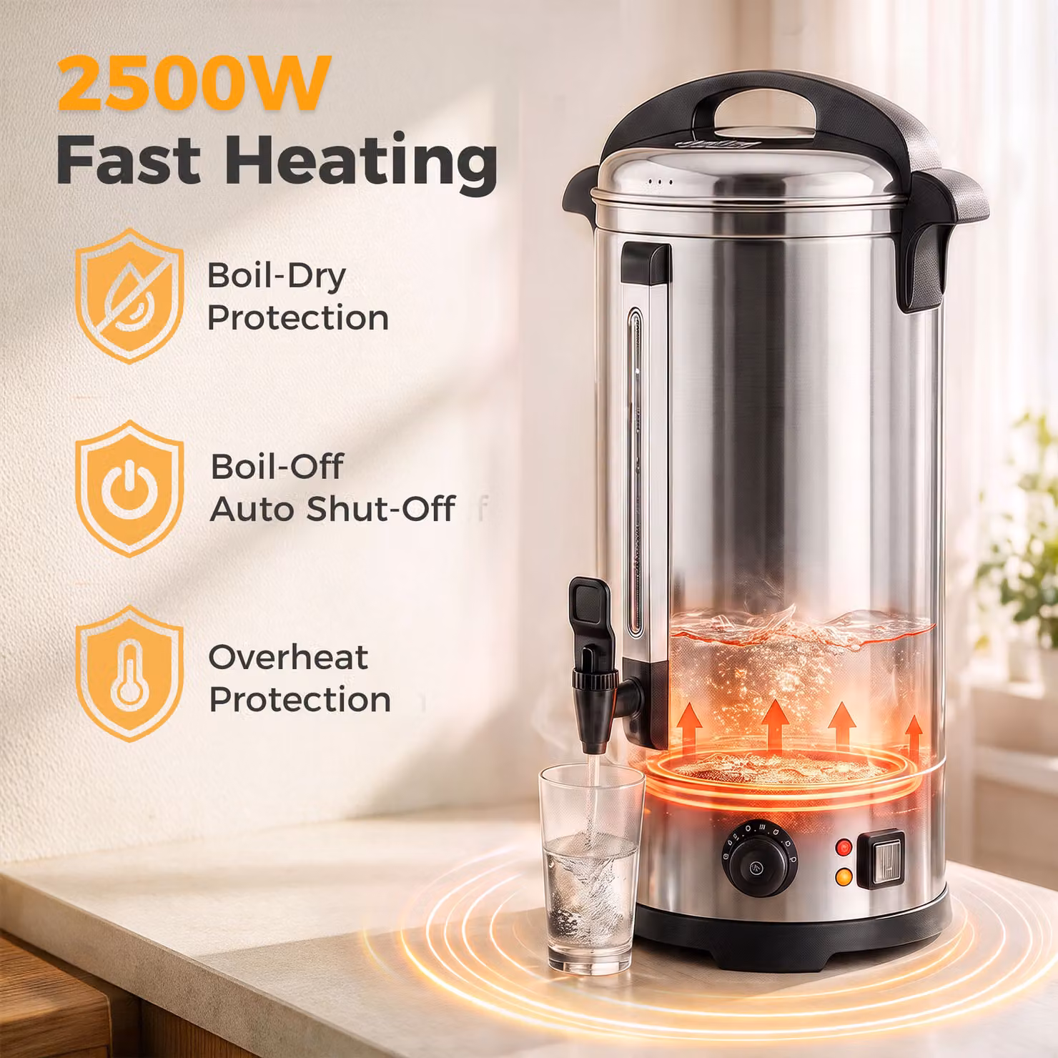 HOMCOM 24L Catering Hot Water Urn, 2500W Stainless Steel Boiler Dispenser in Silver with Thermostat and Keep Warm Function – 6