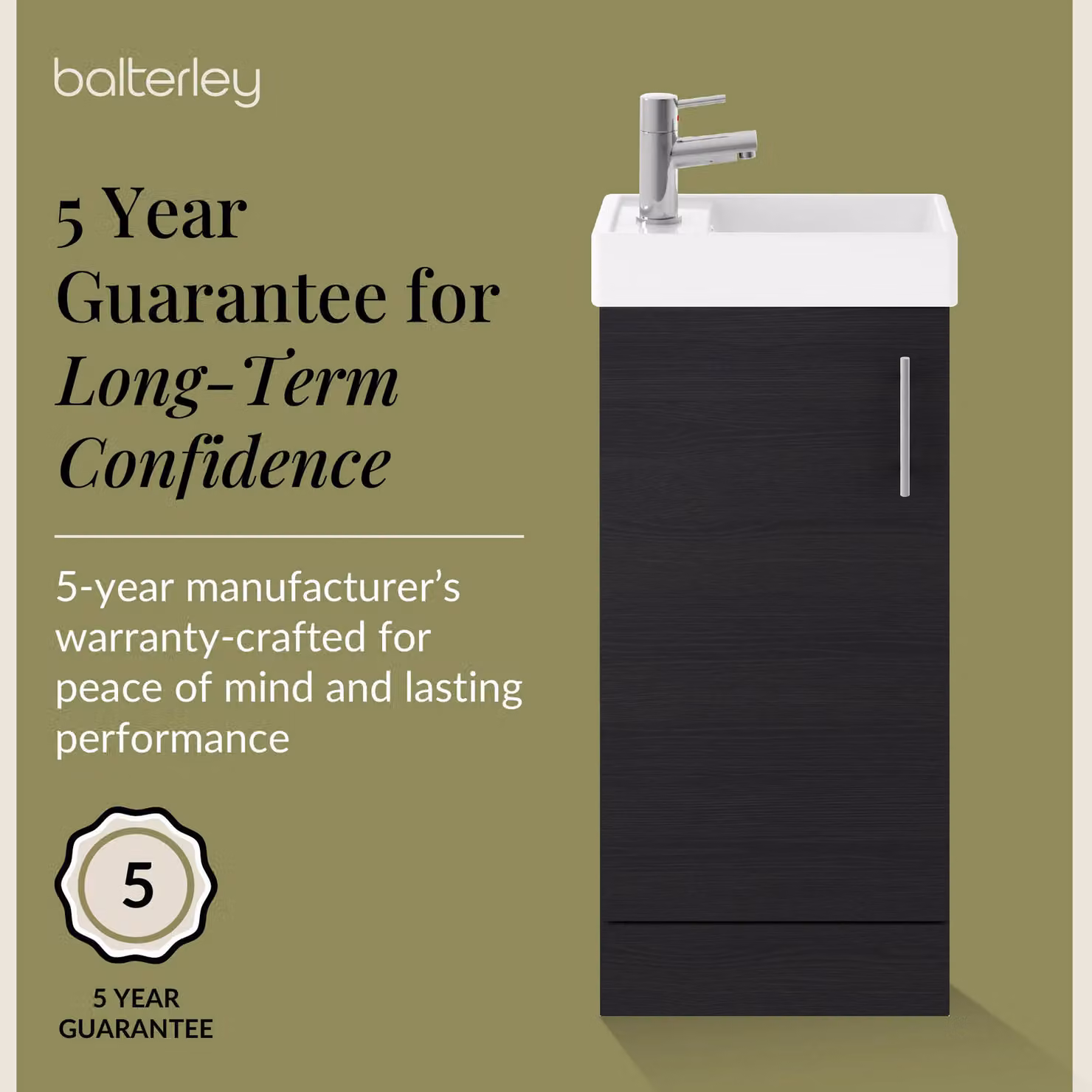 Balterley Saint Contemporary Floor Standing Bathroom Vanity Unit with Rectangular Basin and Soft-Close Door, Charcoal Black, W: 40.5 cm, H: 86.1 cm, D: 40.5 cm – 4