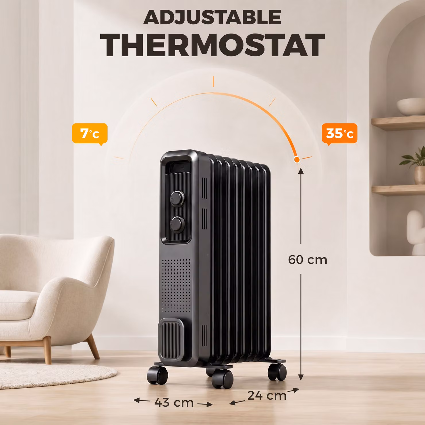 HOMCOM 2000W Oil Filled Radiator with 9 Fins and 3 Heat Settings in Grey – 3
