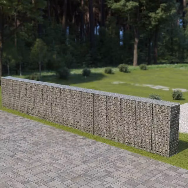 Berkfield Home Galvanised Steel Gabion Fence with Covers in Silver, W/D/H: 900 x 50 x 150 cm