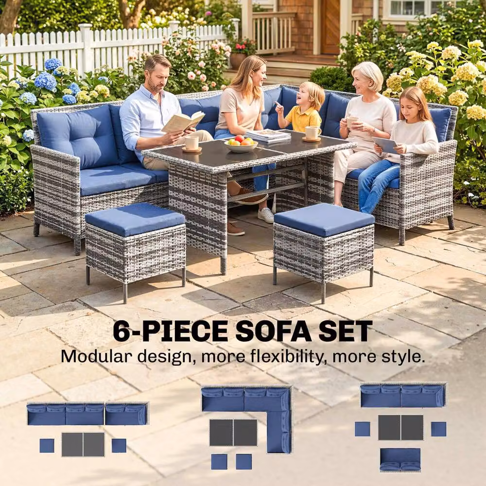 ERGOVEXA 7-Seater L-Shape Rattan Patio Sofa Set with Ottoman and Coffee Table in Dark Blue and Grey – 5