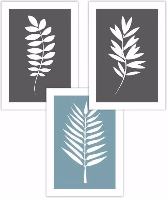 ARTZE Set of 3 Grey, Blue and White Botanical Graphic Leaf Art Posters, W: 42 cm, H: 59 cm