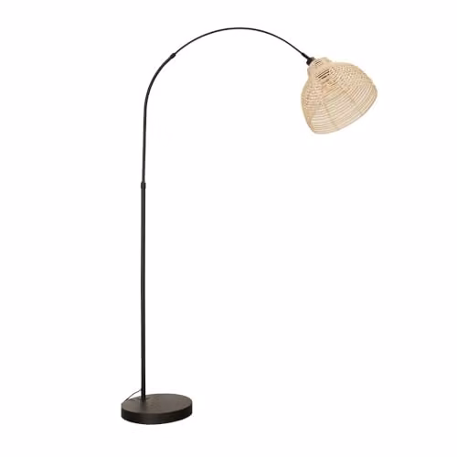 ValueLights Black Metal Arched Floor Lamp with Beige Rattan Wicker Basket Shade and LED Bulb, H 180 cm x W 32 cm x D 32 cm – 1
