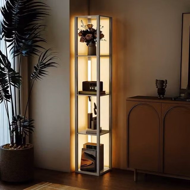 EONLION Oak Floor Lamp with 4-Layer Shelving and Dimmable LED Light in Light Oak, H 163 x W 29 x D 29 cm – 1