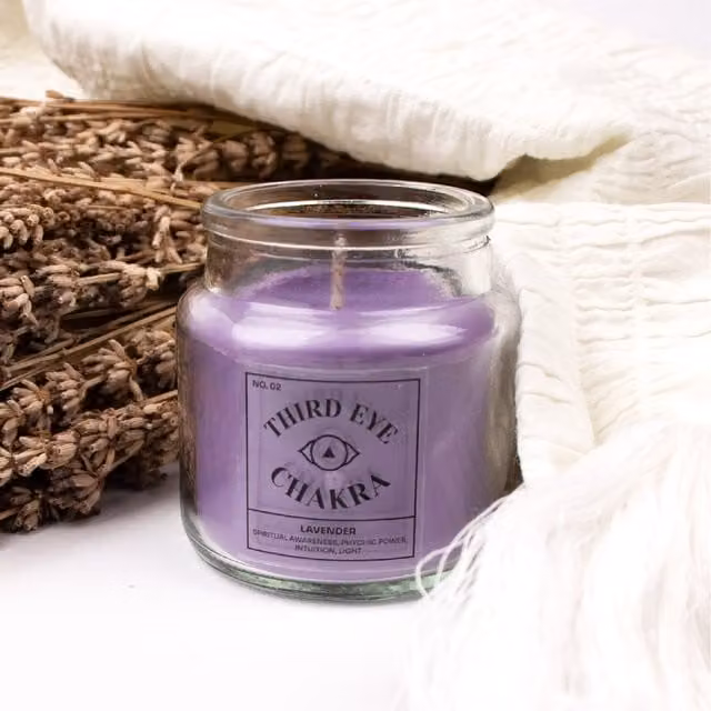 Myga Chakra Third Eye Scented Tabletop Candle with Floral Fragrance in Purple Glass