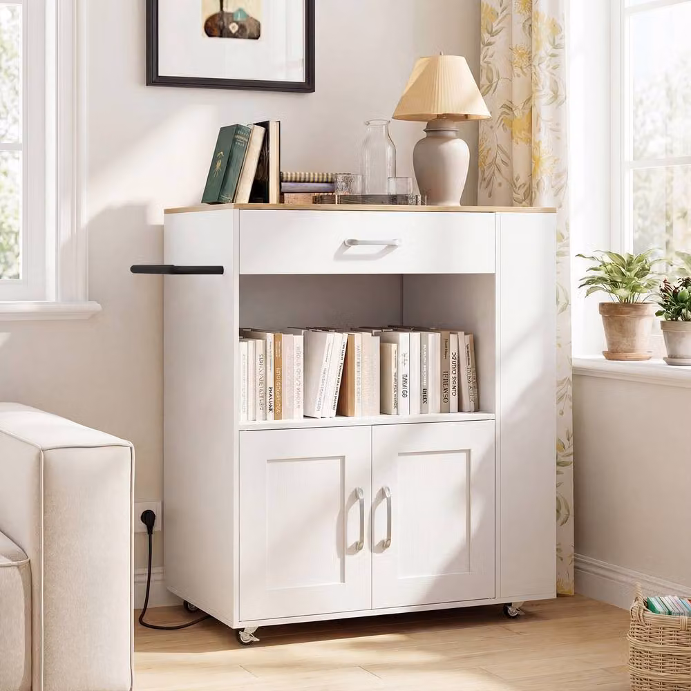 Costway Rolling Wooden Kitchen Island with Charging Station and Drawer in White – 2