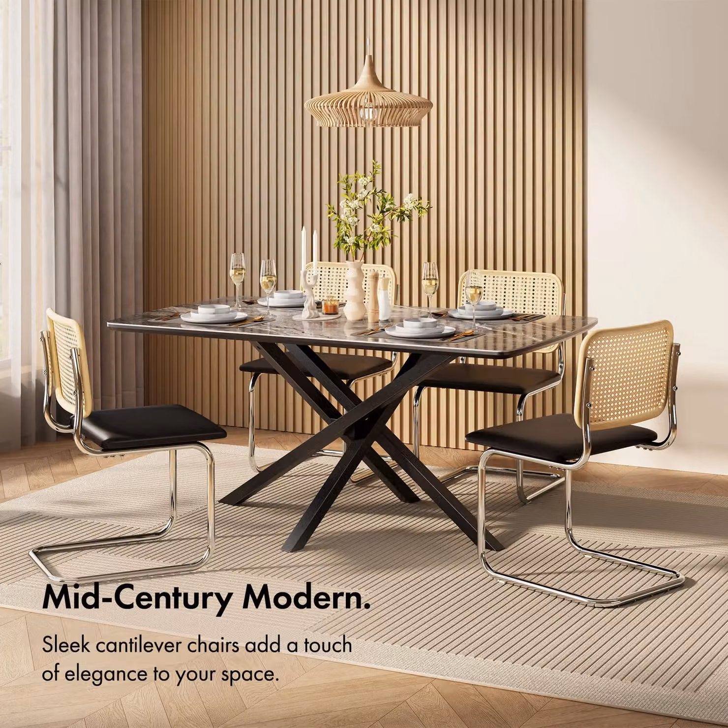 VonHaus Set of 2 Black Rattan Effect Cantilever Dining Chairs with Padded Synthetic Leather Seats – 3
