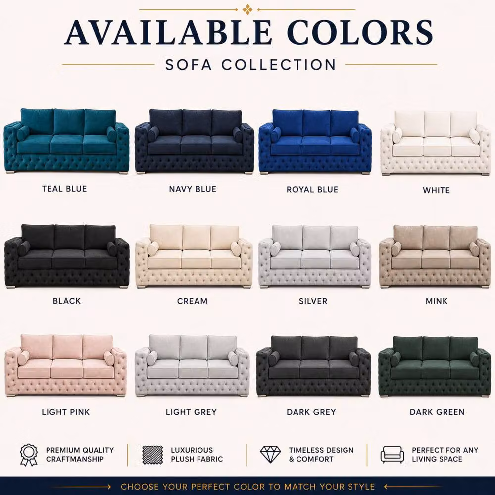 Stratus Interiors Ashley Luxury Chesterfield 3 Seater Fabric Upholstered Sofa in Royal Blue, W: 203.2 cm, H: 76.0 cm, D: 67.0 cm – 4