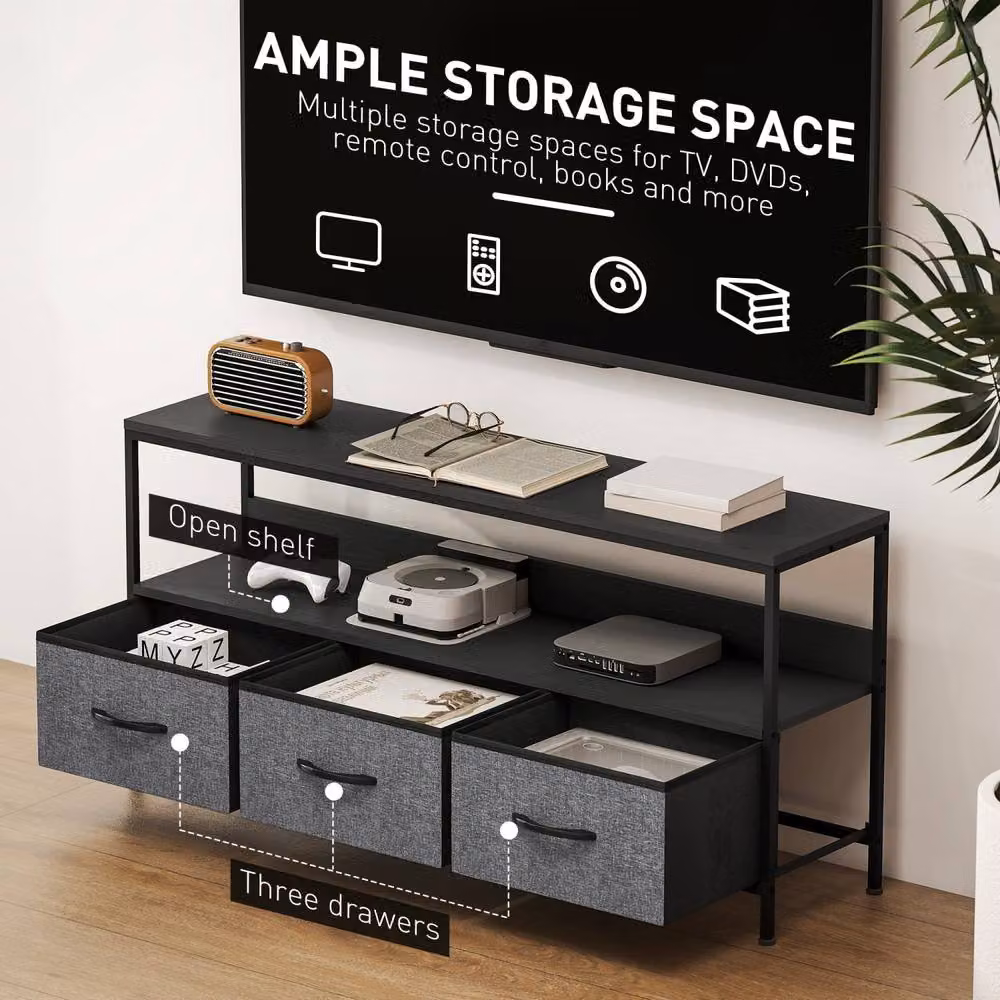 Wyld Haus Avanor Modern Black TV Storage Unit with 3 Fabric Drawers W/D/H: 120 x 29 x 56 cm – 5