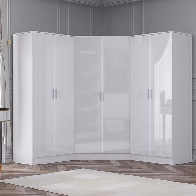 REFLECT Black Gloss Wardrobe Bundle featuring one Corner Unit and two 2-Door Plain Wardrobes in White Gloss and Matt White