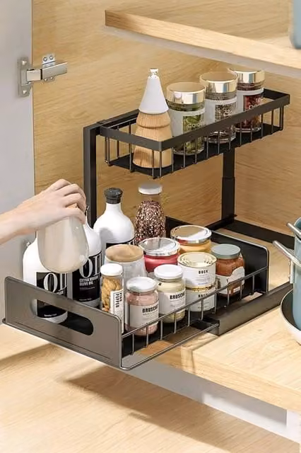 Living and Home 2-Tier Metal Spice Jar Rack Sliding Kitchen Storage Organiser in Black