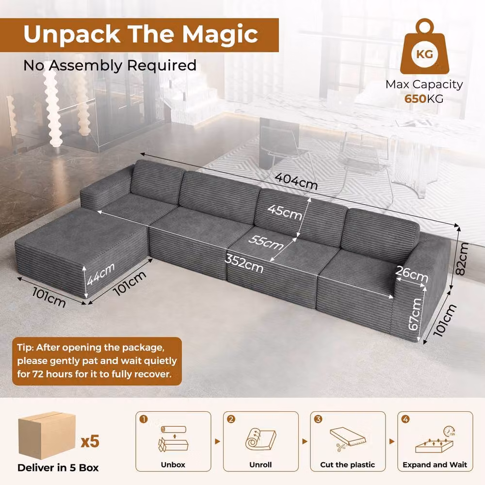 Dprodo Grey Corduroy Modular L-Shape Sofa with Matching Ottoman and Removable Covers – 2