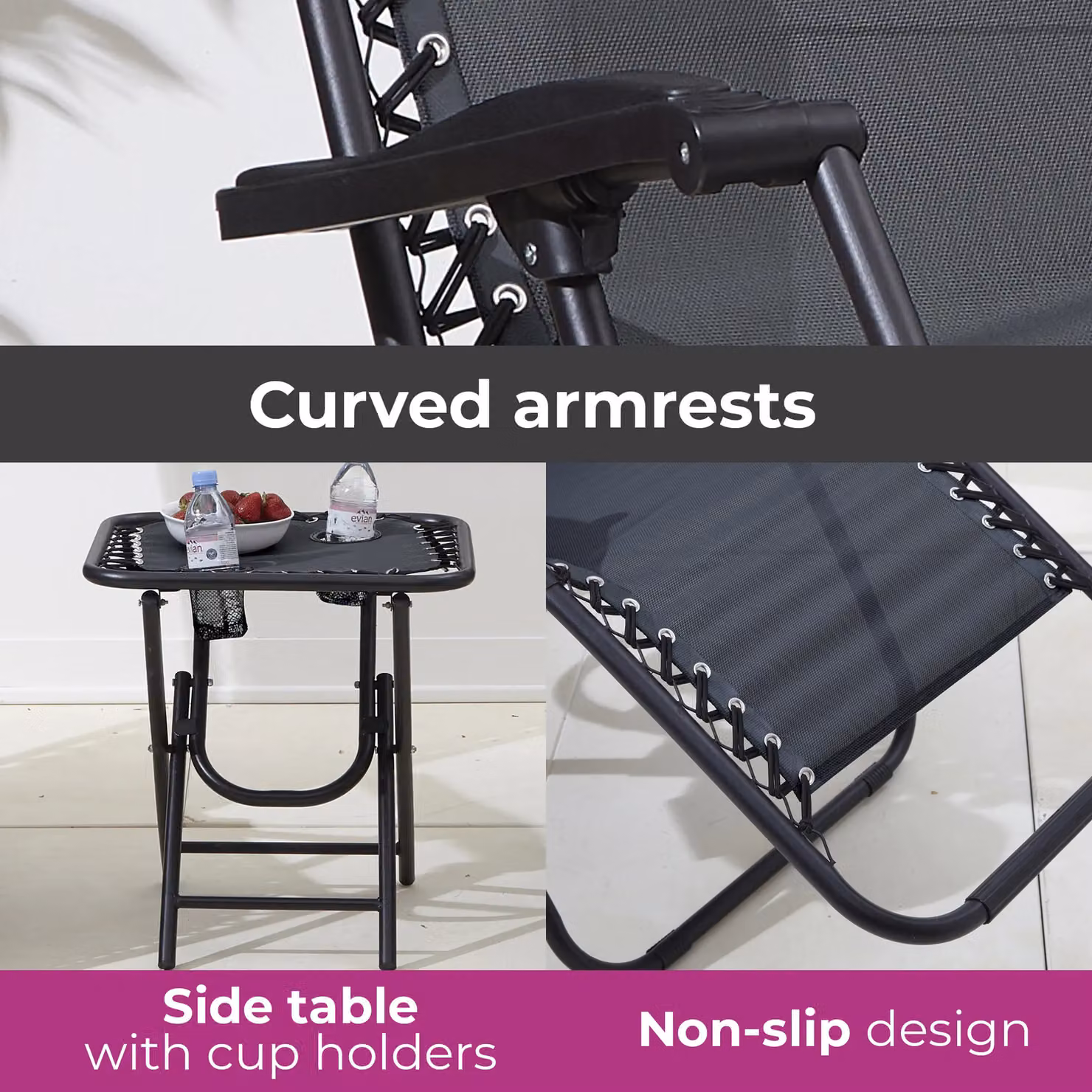 Neo Black Folding Portable Zero Gravity Chair and Table Set with Adjustable Headrest, Side Tray and Cup Holders – 5