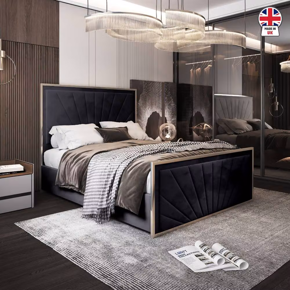 KDMD Thornbury Designer Bed Frame with Black Velvet Upholstery and Metal Frame, W/D/H: 90 x 200 x 137 cm – 3