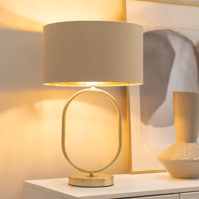 ValueLights Antonia Oval Table Lamp in Brushed Gold with Beige Fabric Shade and LED Bulb