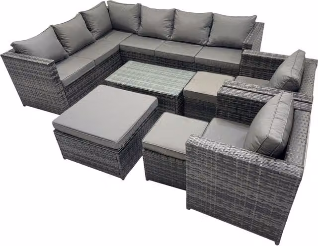Fimous PE Rattan L-Shape Outdoor Corner Sofa Set with Coffee Table and Ottoman in Dark Grey Mixed