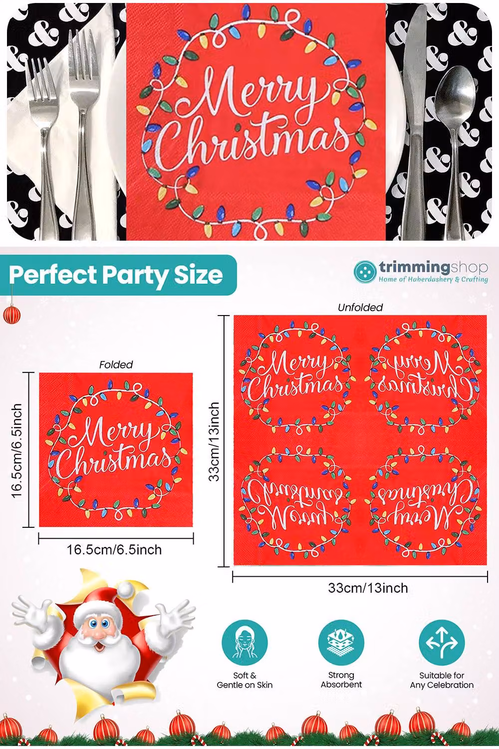 Neel Blue Red Christmas Party Disposable Paper Napkins, 20 Pieces, 33 cm – 2