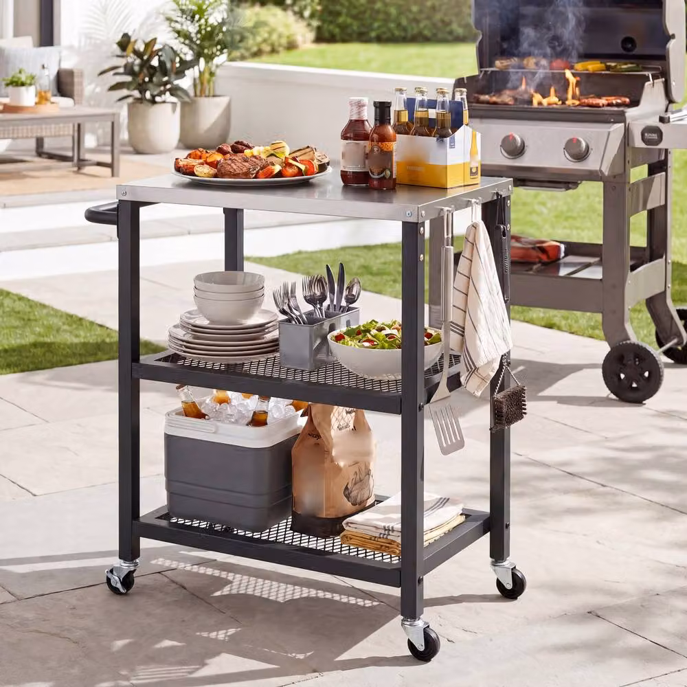 Costway 3-Tier Rolling Metal Kitchen and Garden Utility Cart with 6 Hanging Posts in Black – 3