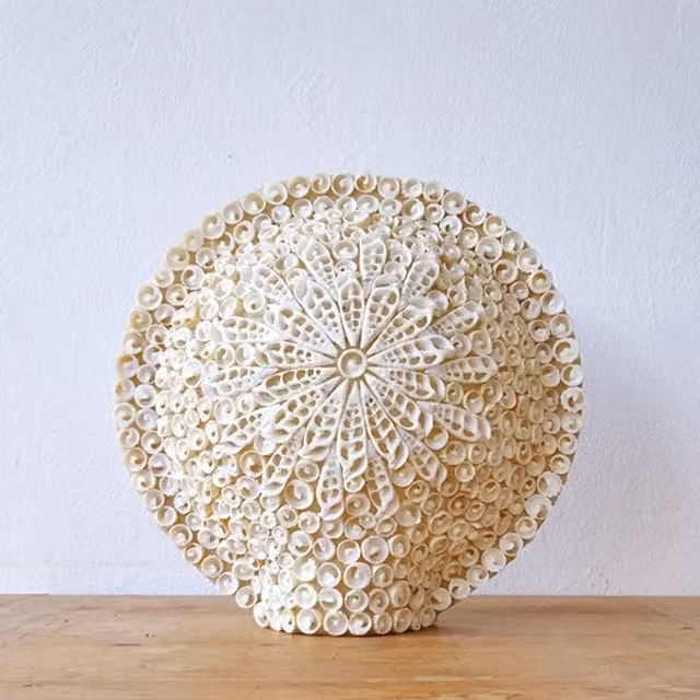 KDMK Boho Round Cut Art Shell Tabletop Lamp in Brown