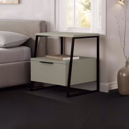 FWStyle Modern 1 Door Bedside Table with Open Shelf in Ash Green and Black Metal, W/D/H: 40.9 x 45.0 x 50.0 cm