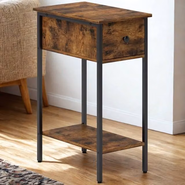 FURNOS 2 Tier Narrow Side End Table with Drawer, Brown and Black Industrial Style, W/D/H: 39.8 x 25.0 x 58.2 cm