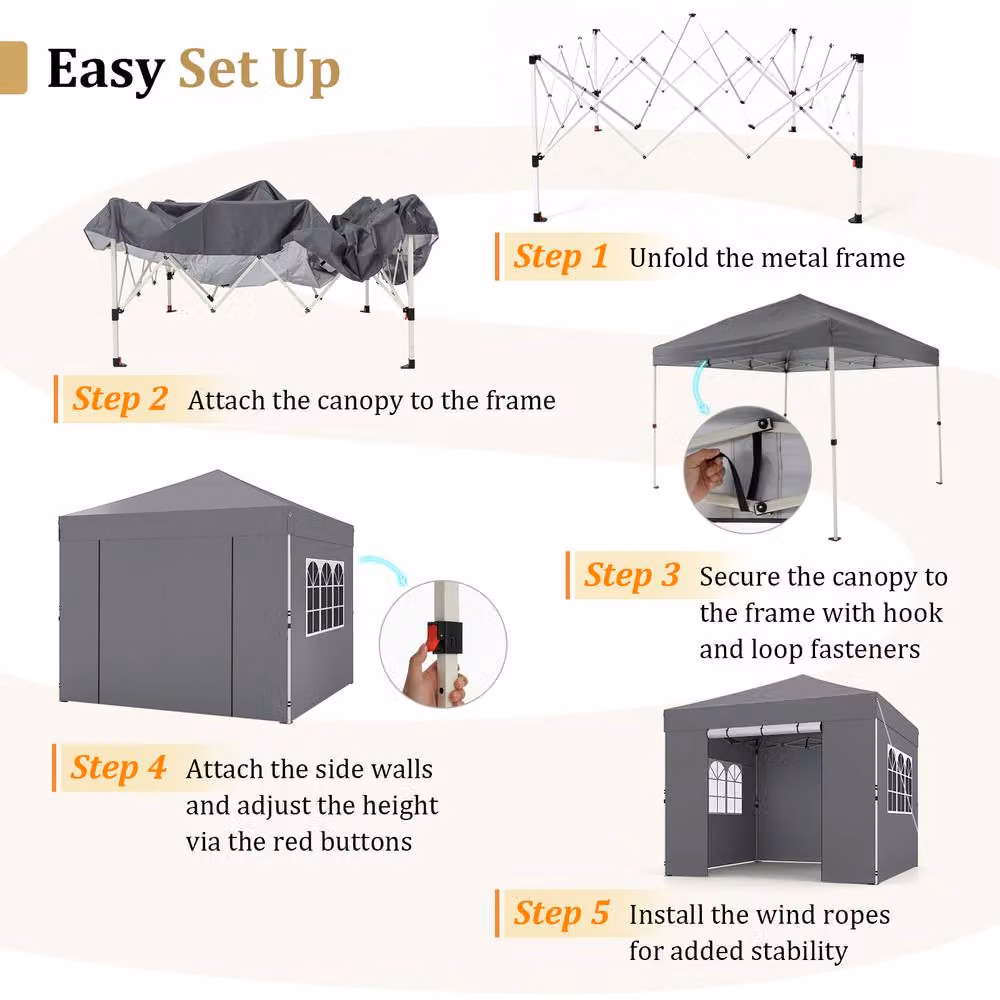 Gymax Grey Pop Up Commercial Gazebo with 4 Sidewalls, W: 300 cm, D: 300 cm, H: 284 cm – 7