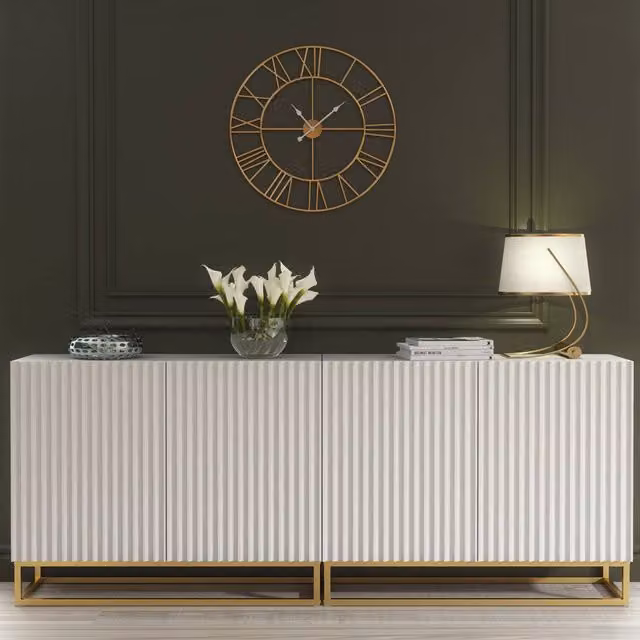 Mex Furniture LTD Set of 2 White Fluted Sideboards with Gold Base, W: 200 cm