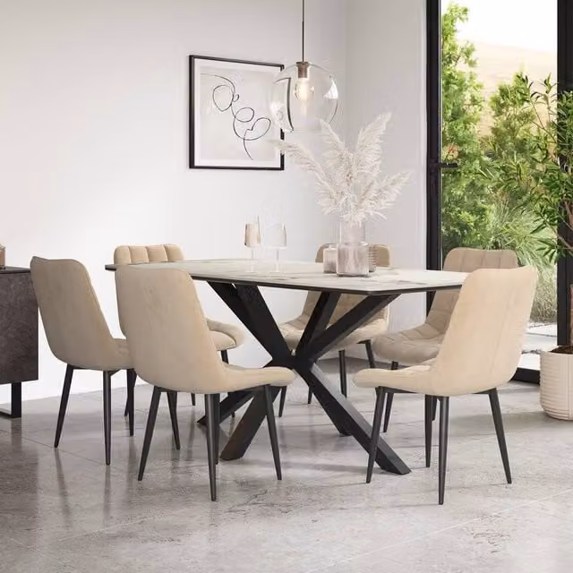 More4Homes Juno Calcutta Gold Ceramic Rectangular Dining Table and 8 Nova Beige Velvet Chairs – 1