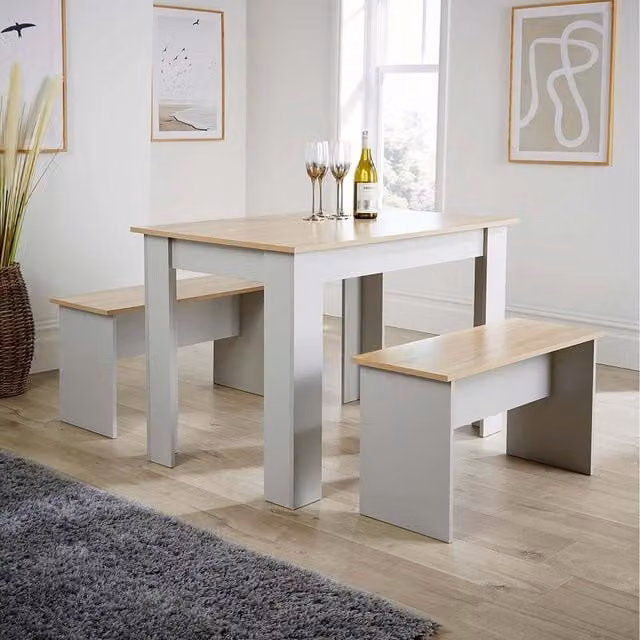 Home Source Camden Oak Dining Table and Bench Set in Grey and White
