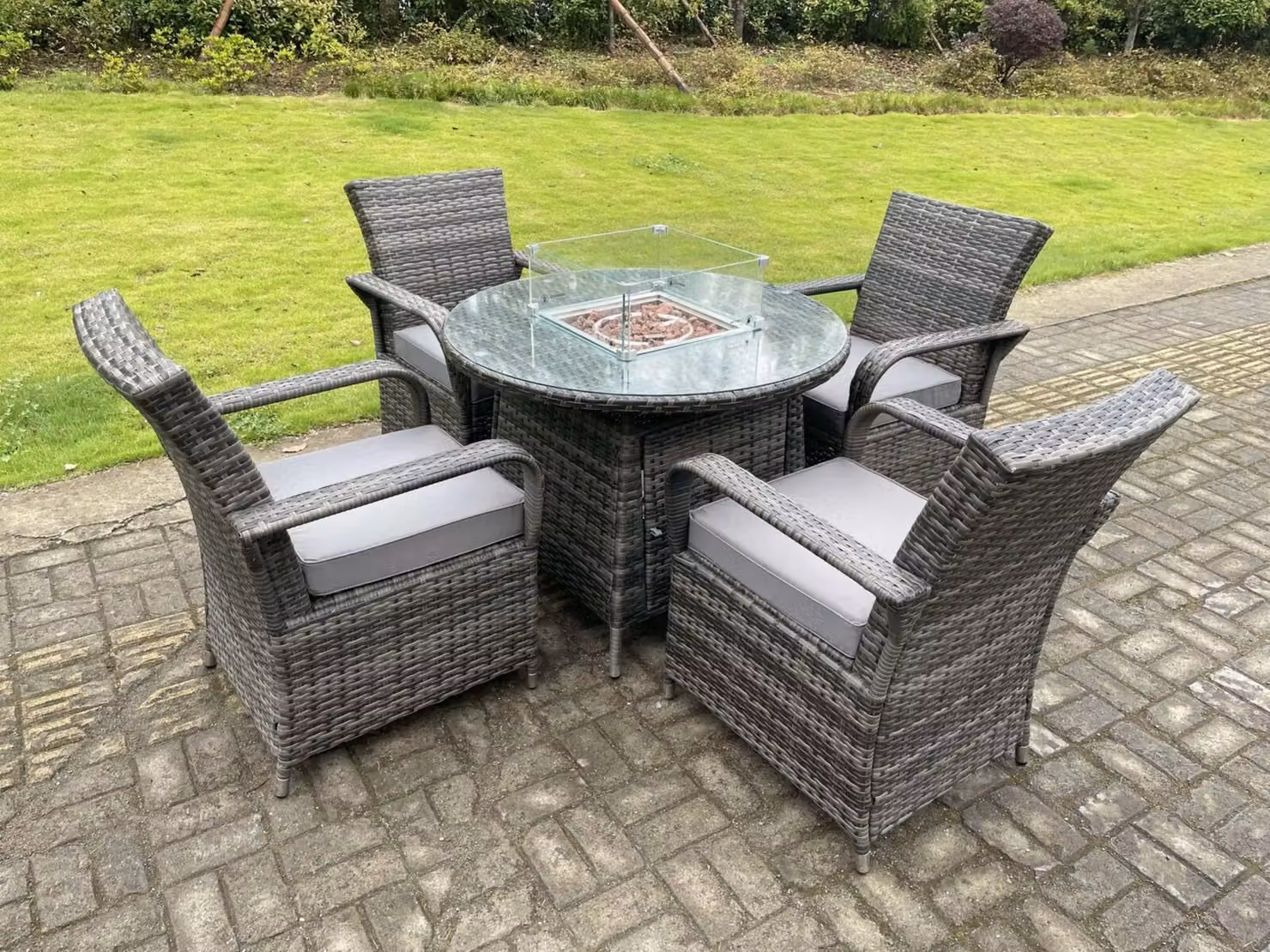 Fimous Rattan Garden Furniture Set with Round Gas Fire Pit Dining Table and 4 Dining Chairs in Dark Grey – 2