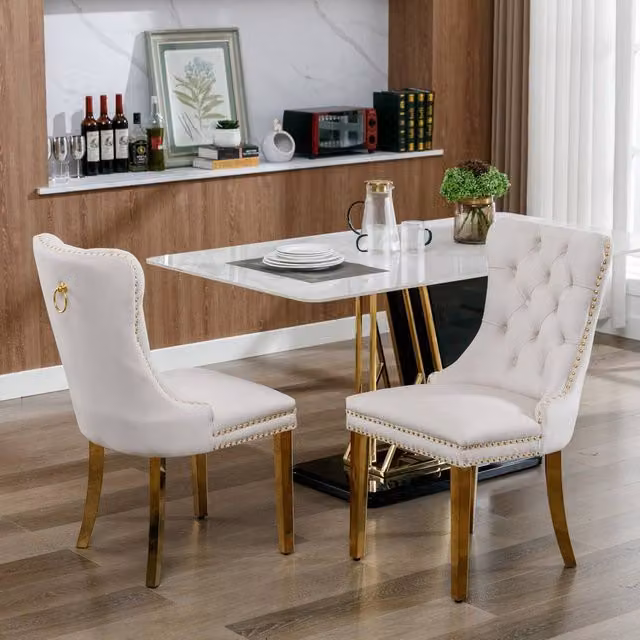 HomeTouch Set of 6 Lux Velvet Dining Chairs with Gold Steel Legs in Beige