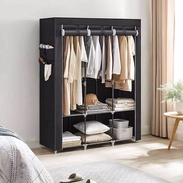 The Bazaarist Portable Fabric Wardrobe with 3 Hanging Rails, Black