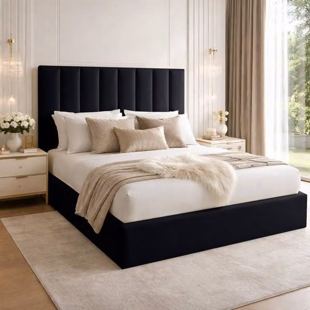 Desire Deco Suenna Upholstered Plush Velvet Panel Bed Frame in Black, Super King Size (200 x 200 cm)