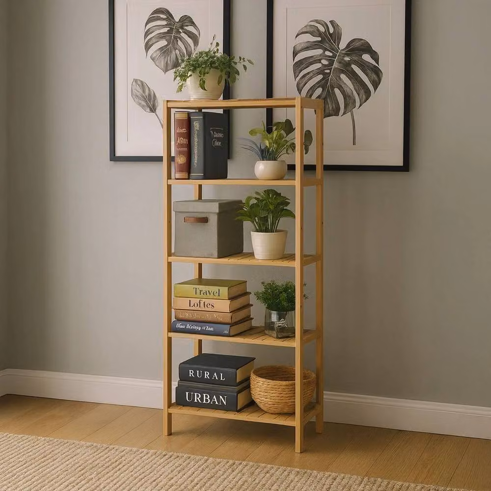 FORGEVIO Natural Bamboo Multi-Purpose Storage Rack with Adjustable Shelves, Brown, H 130 x W 60 x D 26 cm – 2