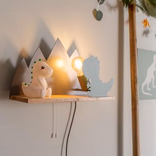 ValueLights Kids Dinosaur Design Plug-in Wall Light with Shelf and Pull Cord Switch, Green and Grey, includes LED Bulb – 2