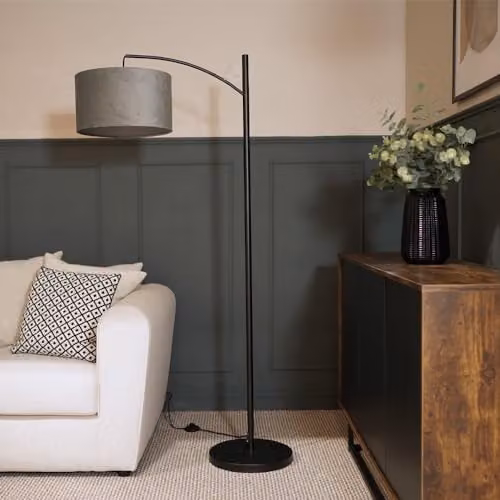 ValueLights Black Metal Curve Stem Floor Lamp with Grey Velvet Shade and Warm White LED Bulb, H: 157.5 cm x W: 35 cm x D: 35 cm – 2