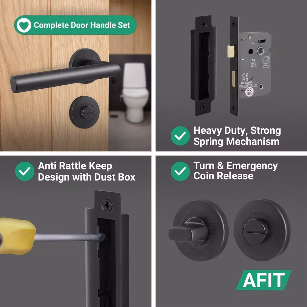 AFIT Matt Black Stainless Steel Bathroom Lock Lever on Rose Door Handles Kit, W/D/H: 15 x 15 x 6.4 cm – 4