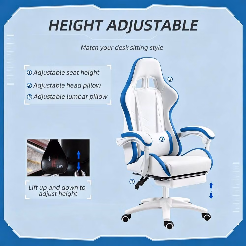 STILVORA White and Blue Gaming Chair with Reclining Back, Footrest, and Headrest – 4