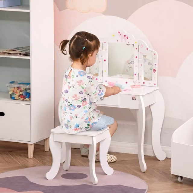 HOMCOM Makeup Dressing Table Set for Children with Tri-Folding Mirror and Drawer in White or Pink
