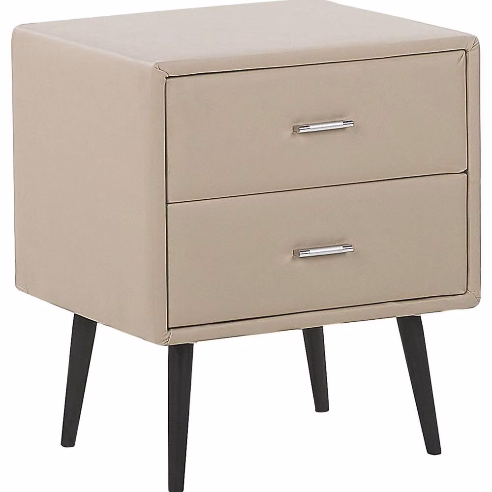 Wyld and Coco Beige Faux Leather Bedside Table with 2 Drawers and Black Legs – 2