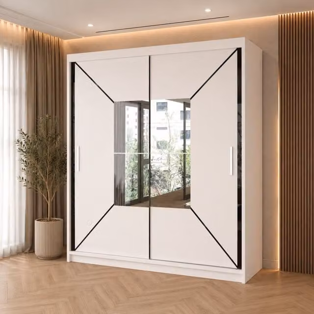 Sliding Wardrobes 4U Double Center Mirror Sliding Door Wardrobe in White, W/H: 203 x 217 cm – 1
