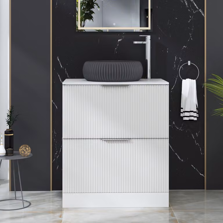 Royal Bathrooms Evora 700mm Matt White Fluted Floor Standing Countertop Vanity Unit with 2 Drawers and Milan Black Basin