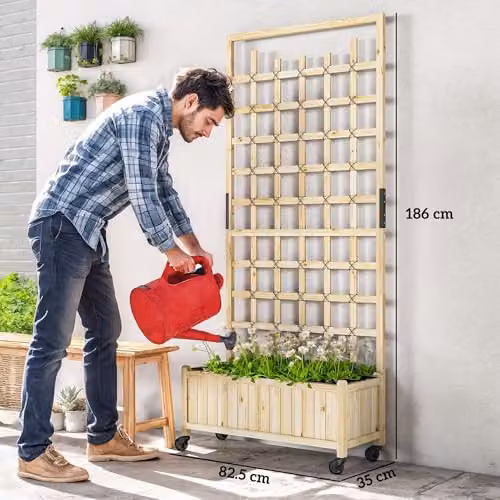 Outsunny Wooden Trellis Raised Bed Planter with Wheels in Brown – 4